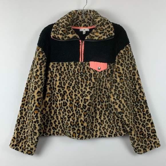 Nordstrom Bp. Tan Dale Leopard Big Spot Leopard Fleece Pullover Large - Picture 3 of 5
